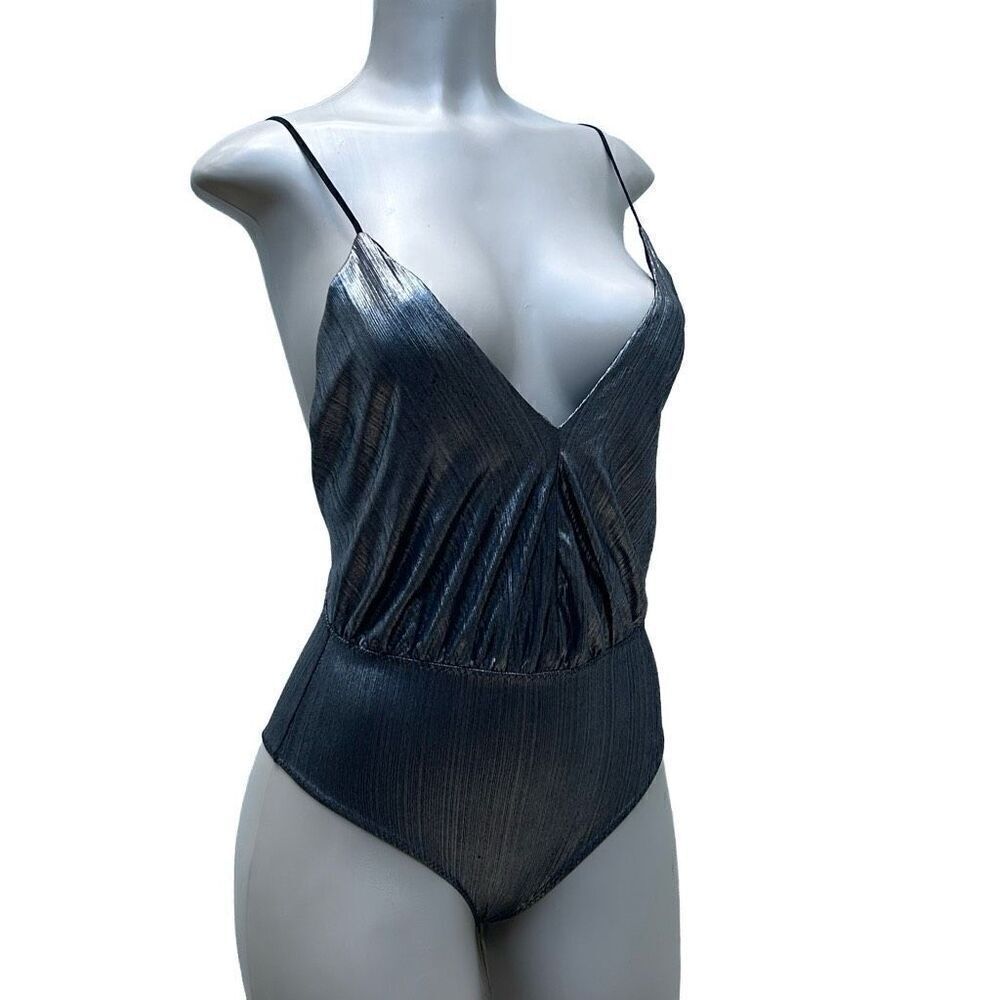 Zara Silver Metallic Tank Bodysuit  Women's 6 Plunging Neck Open Back Spaghetti - Picture 2 of 10